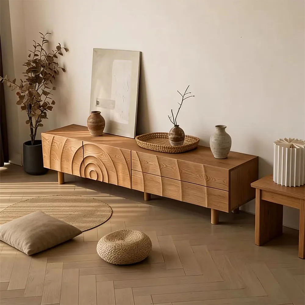 Modern Oak Wood Cream TV Stand