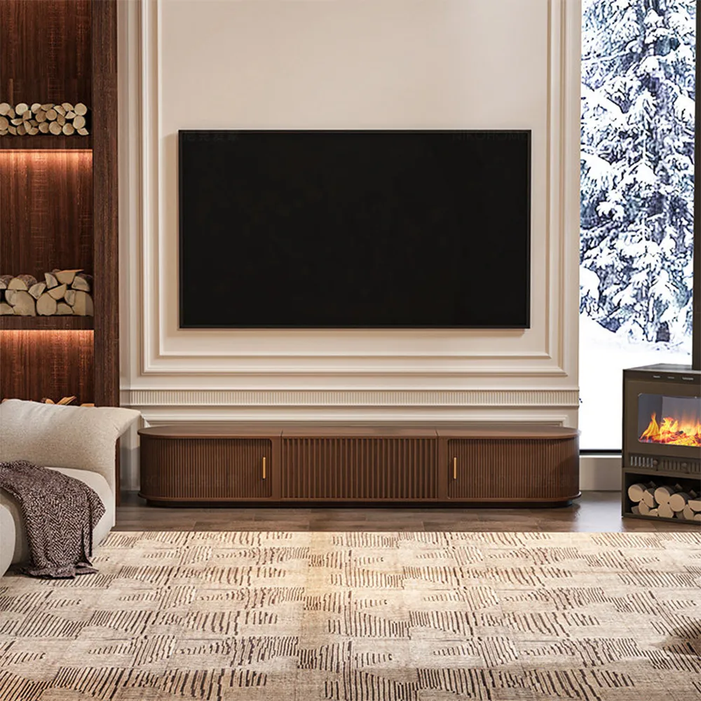 Curved Walnut Smart Retractable TV Cabinet