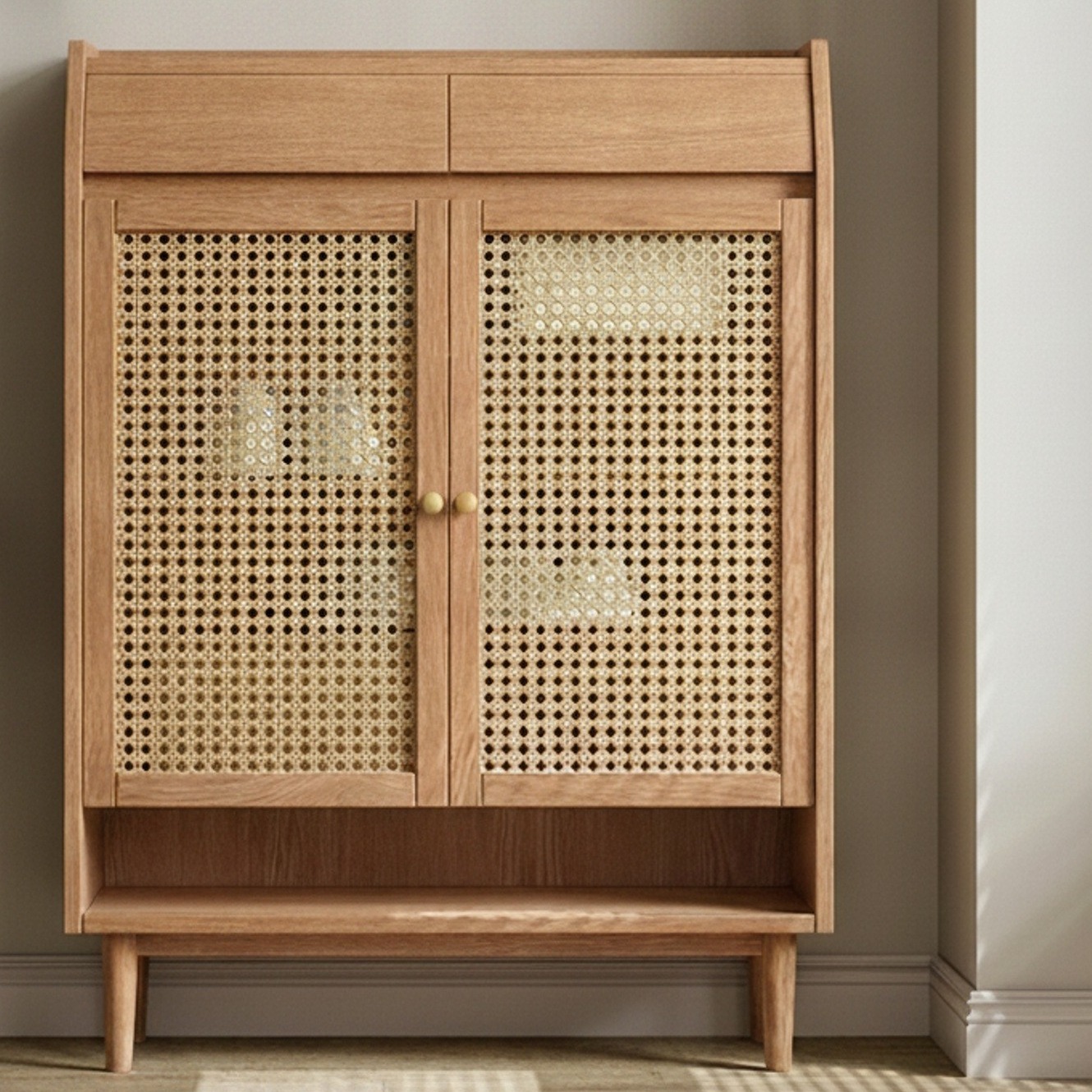 Solid Oak Rattan Shoe Cabinet | Ormau