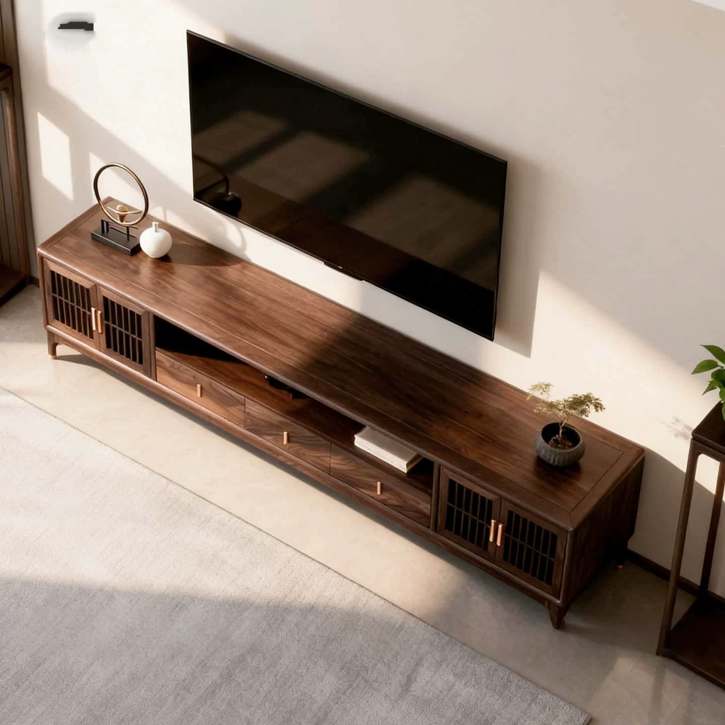 Modern Oriental Walnut TV Console