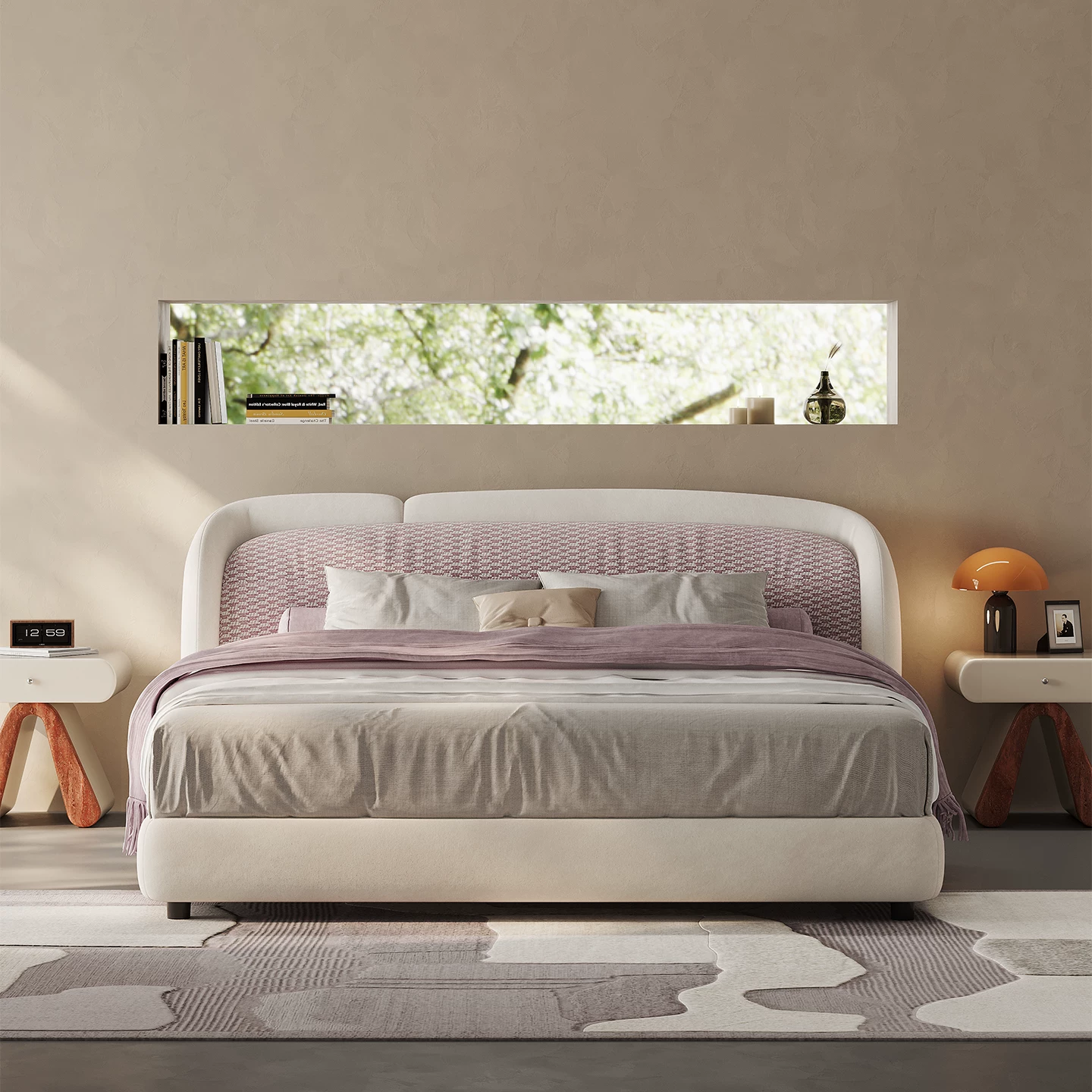 Off-White Curved Upholstered Bed