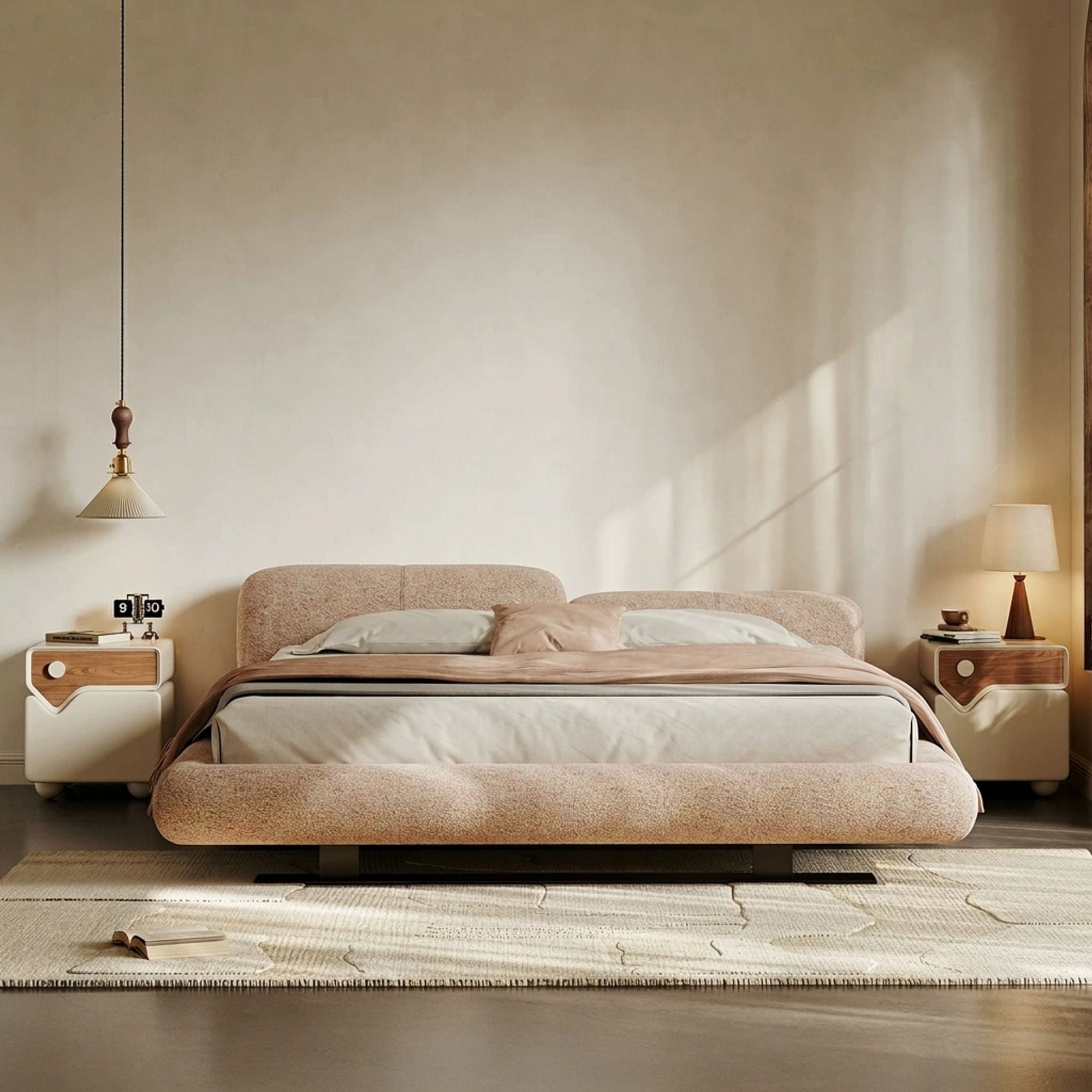 Cream Fabric Platform Bed
