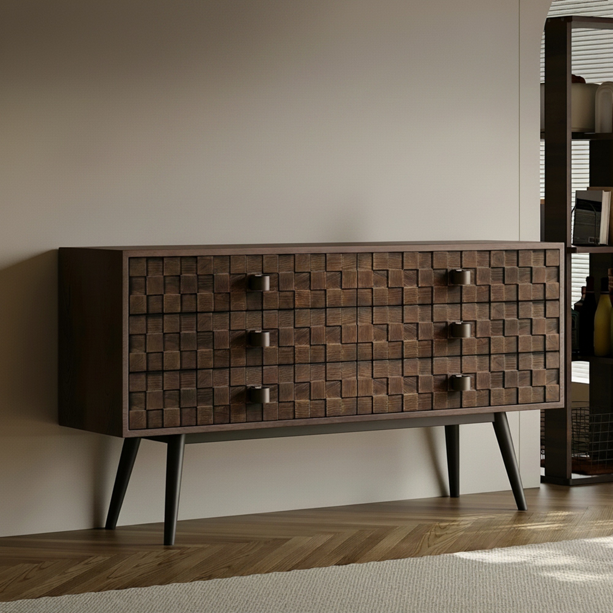 Vintage Oak Sideboard, Geometric Drawers