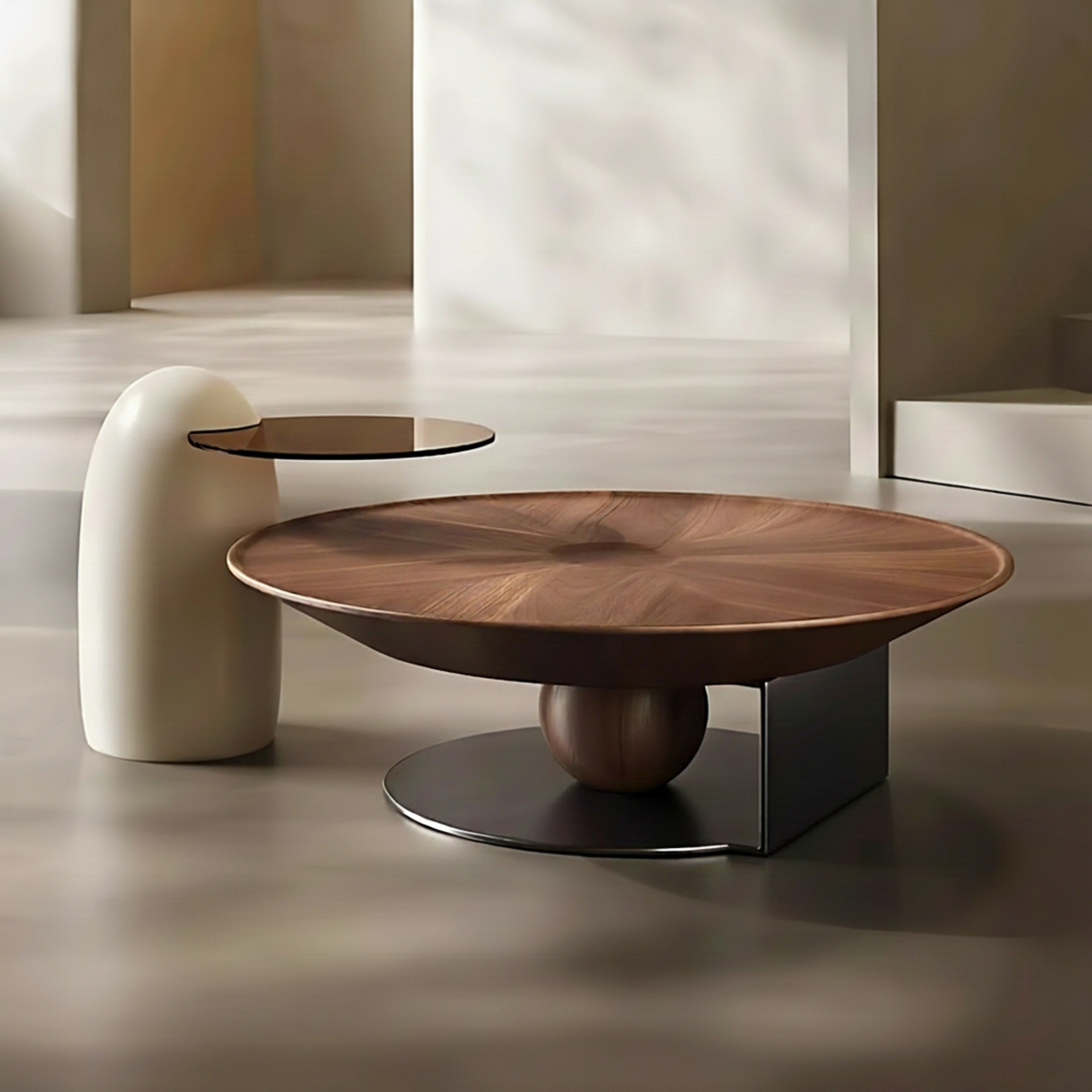 Circular Walnut & Travertine Coffee Table