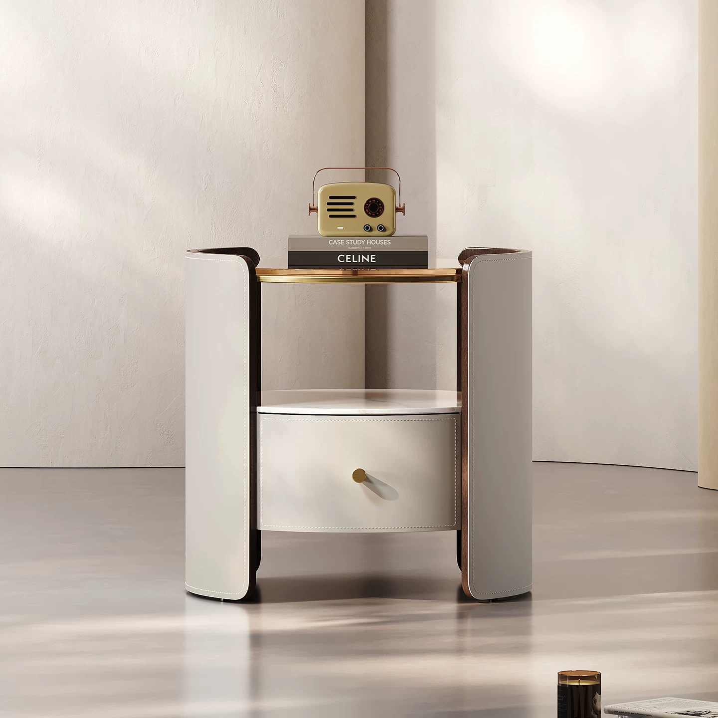 Slab Top Nightstand with Saddle Leather