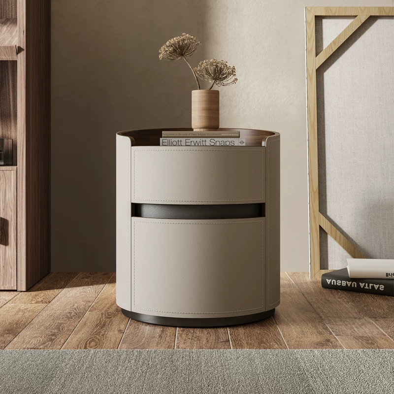 Round Nightstand with Leather Top