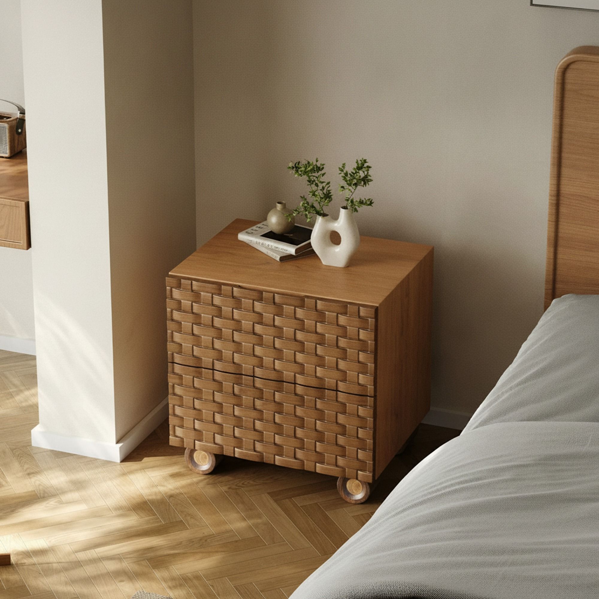 Solid Wood Nightstand with Pattern
