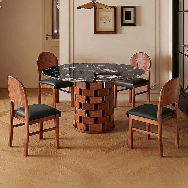 Black Marble & Wood Round Dining Table