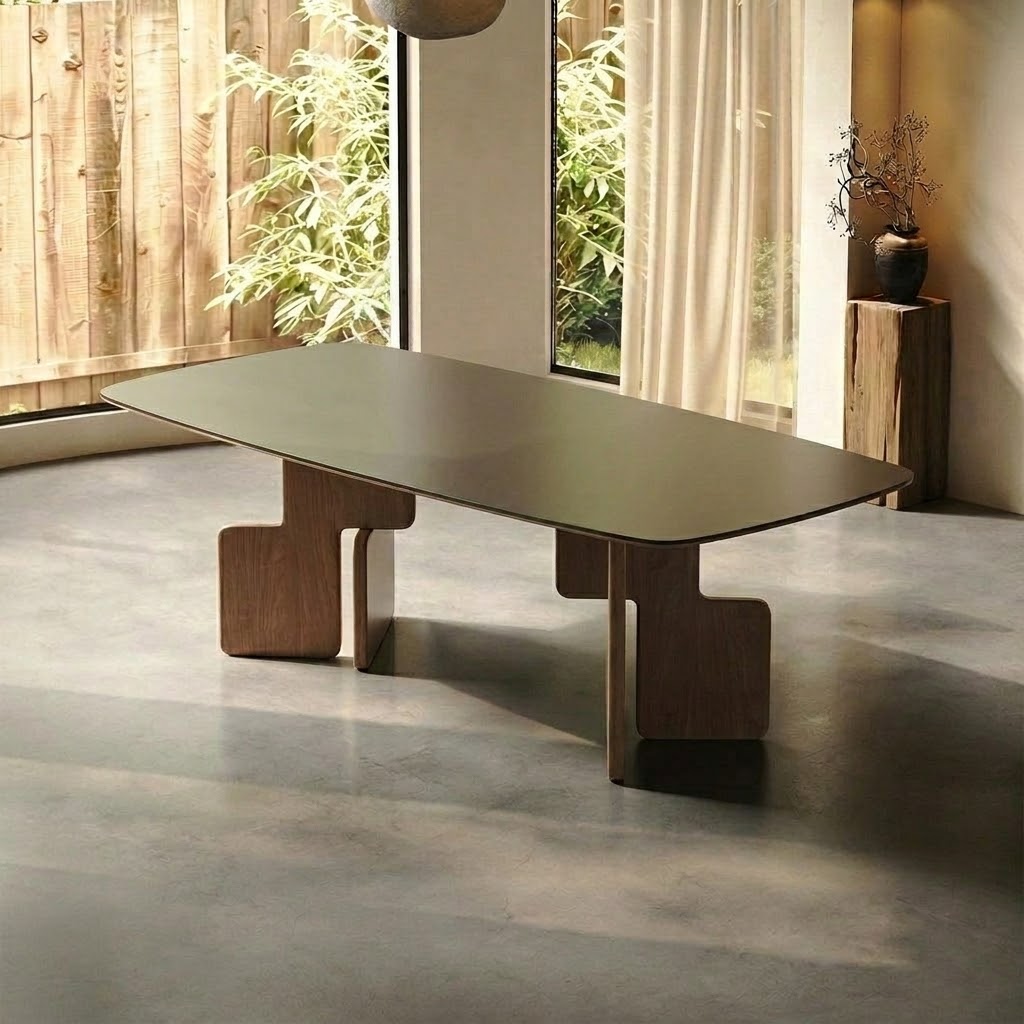 Mid-Century Wood & Stone Dining Table