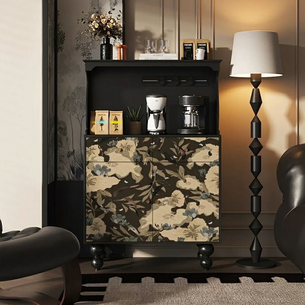 French Vintage Black Coffee Bar Cabinet