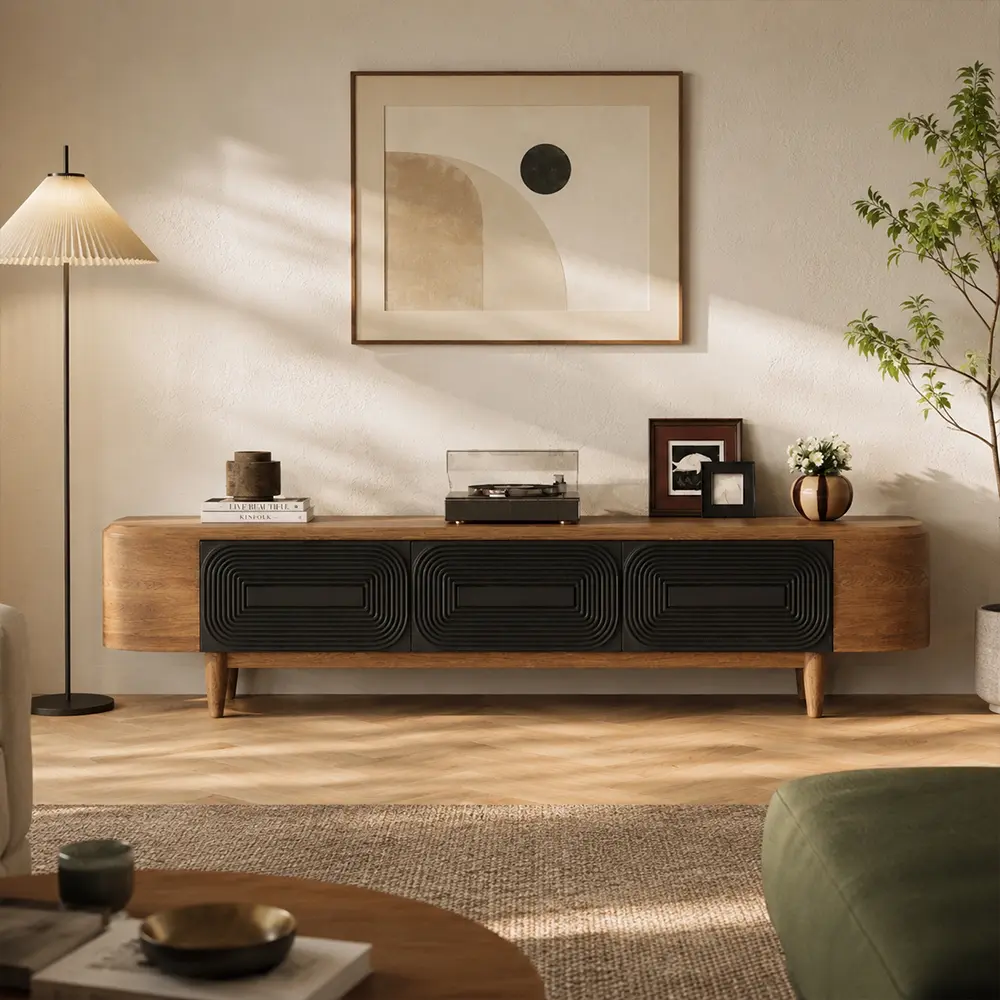 Solid Wood Wave Pattern TV Cabinet