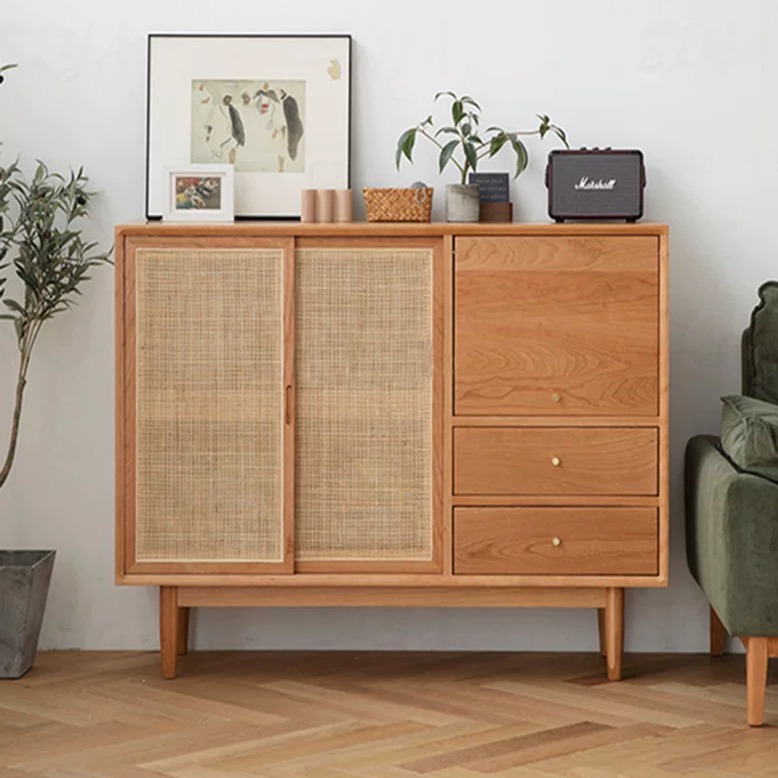 Mid-Century Wood & Rattan Sideboard