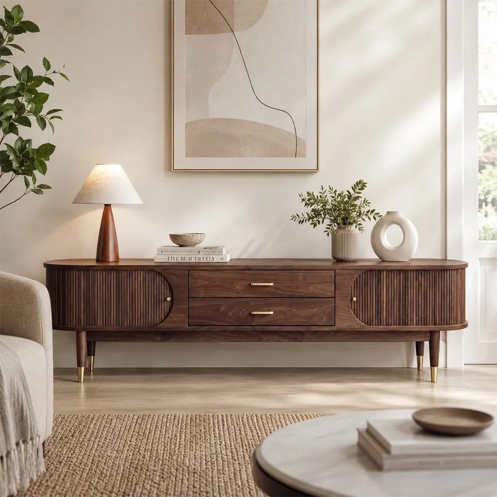 Walnut Media Console with Curtain Doors
