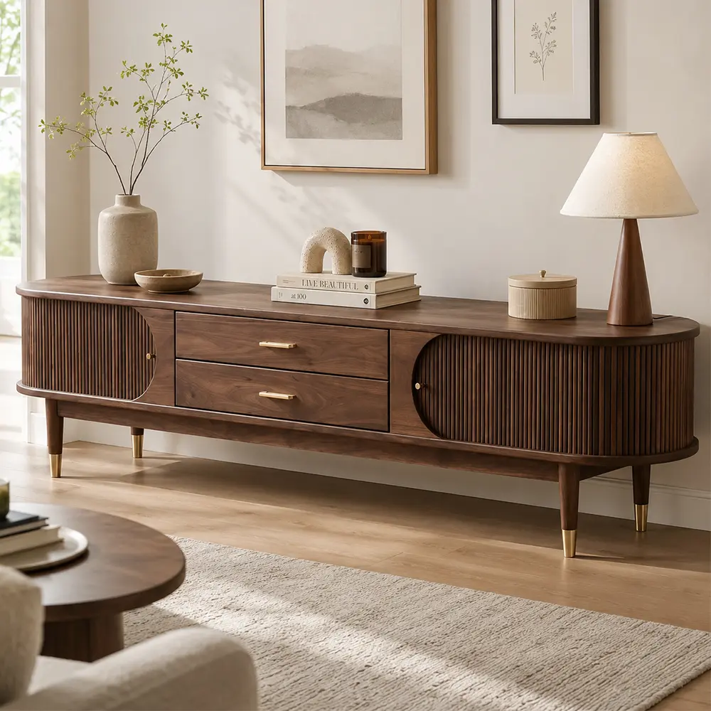 Walnut Media Console with Curtain Doors