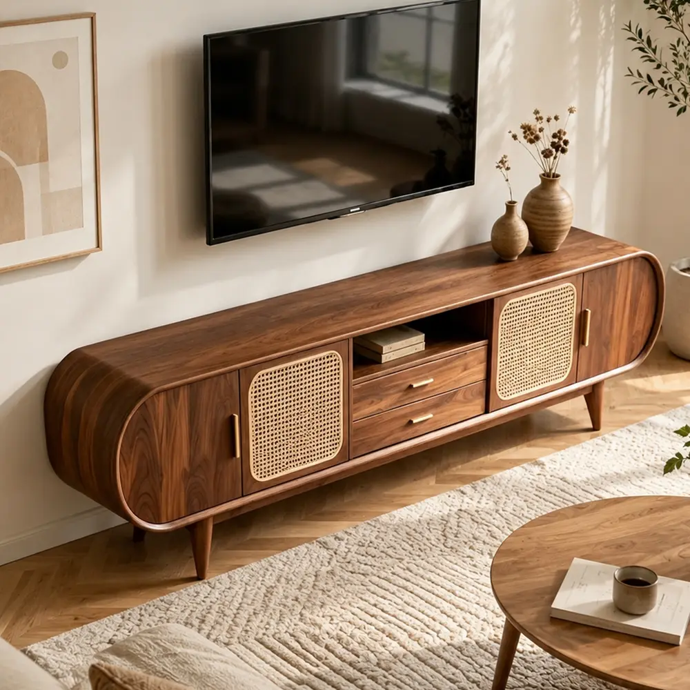 Black Walnut Rattan TV Stand