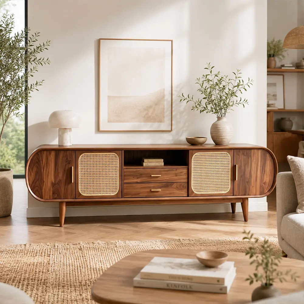 Black Walnut Rattan TV Stand