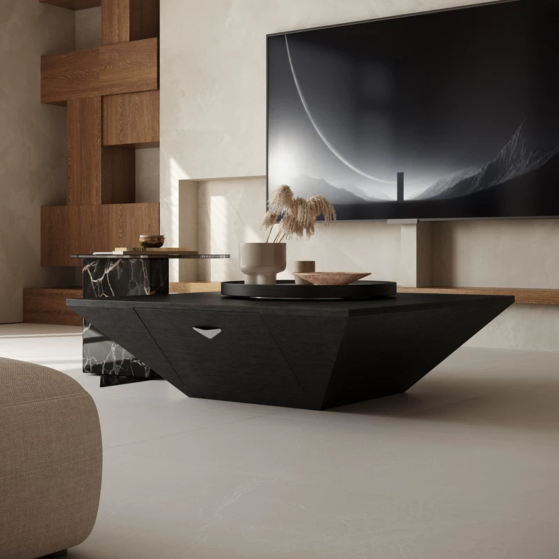 Minimalist Geometric Smoked Wood Coffee Table with Drawers
