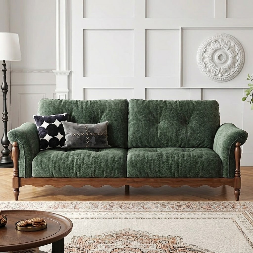 Vintage Solid Wood Chenille Sofa