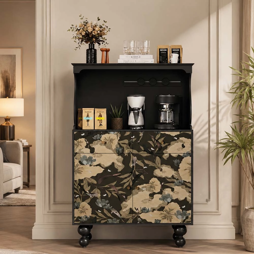 French Vintage Black Coffee Bar Cabinet