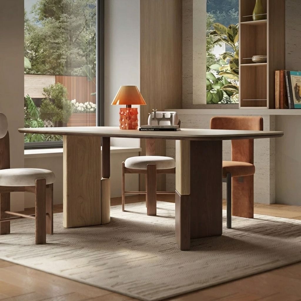Travertine & Wood Dining Table
