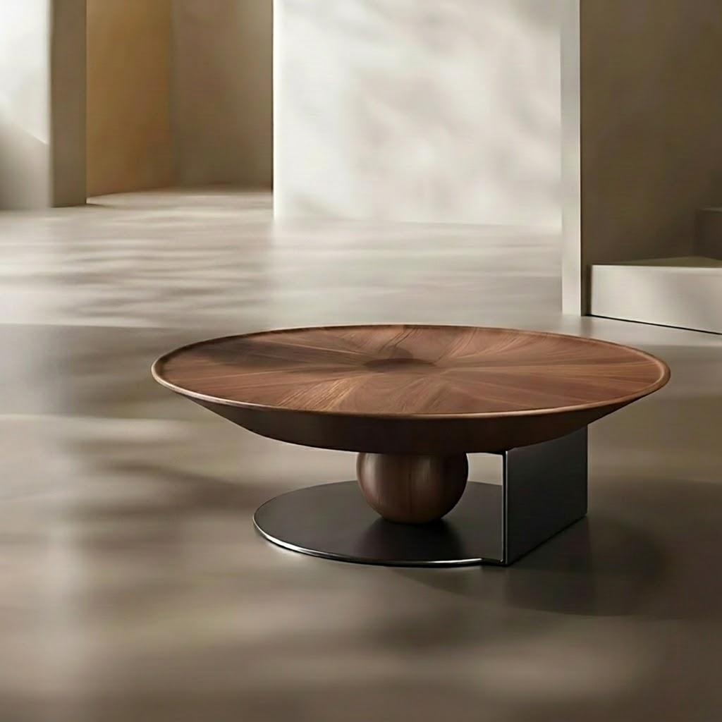 Circular Walnut & Travertine Coffee Table