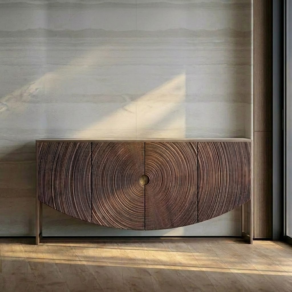 Mid‑Century Carved Tree‑Ring Sideboard