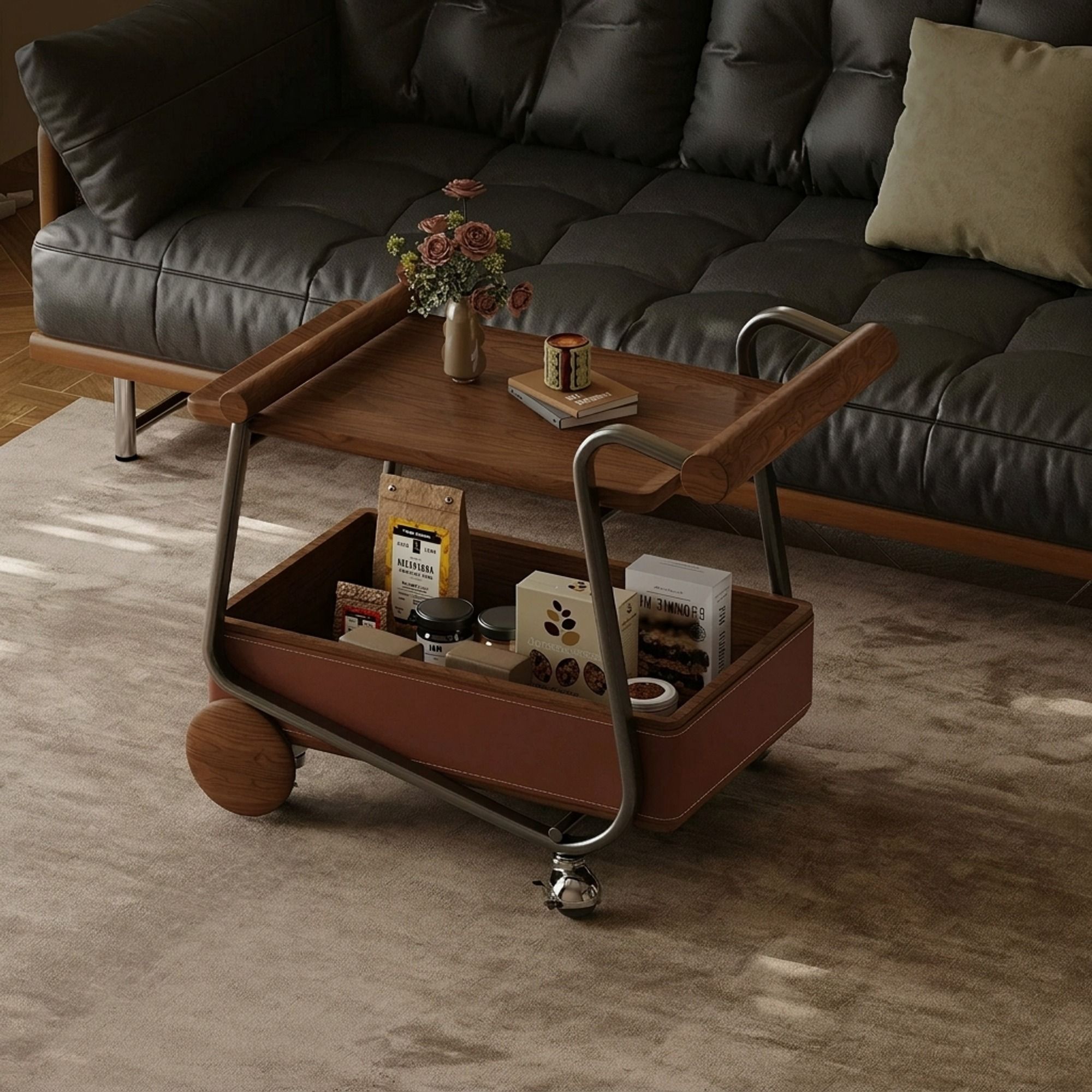 Walnut Saddle Leather Rolling Cart