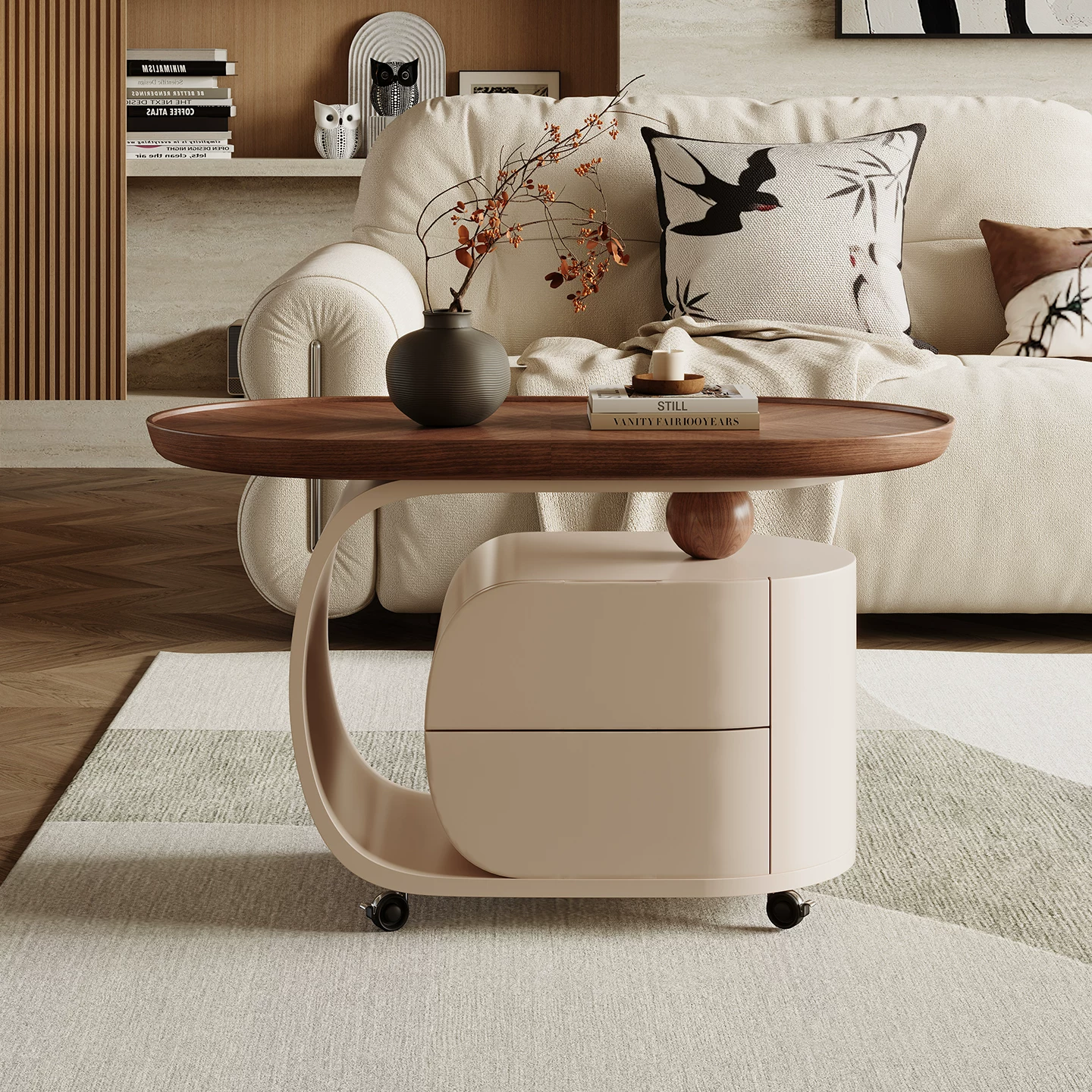 Oval Walnut Rolling End Table