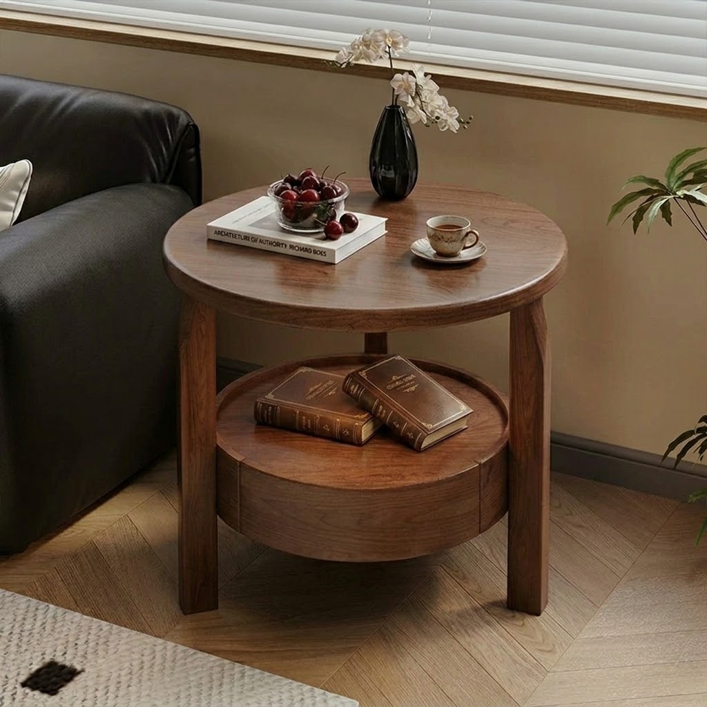 Mid-Century Round Rubberwood Side Table