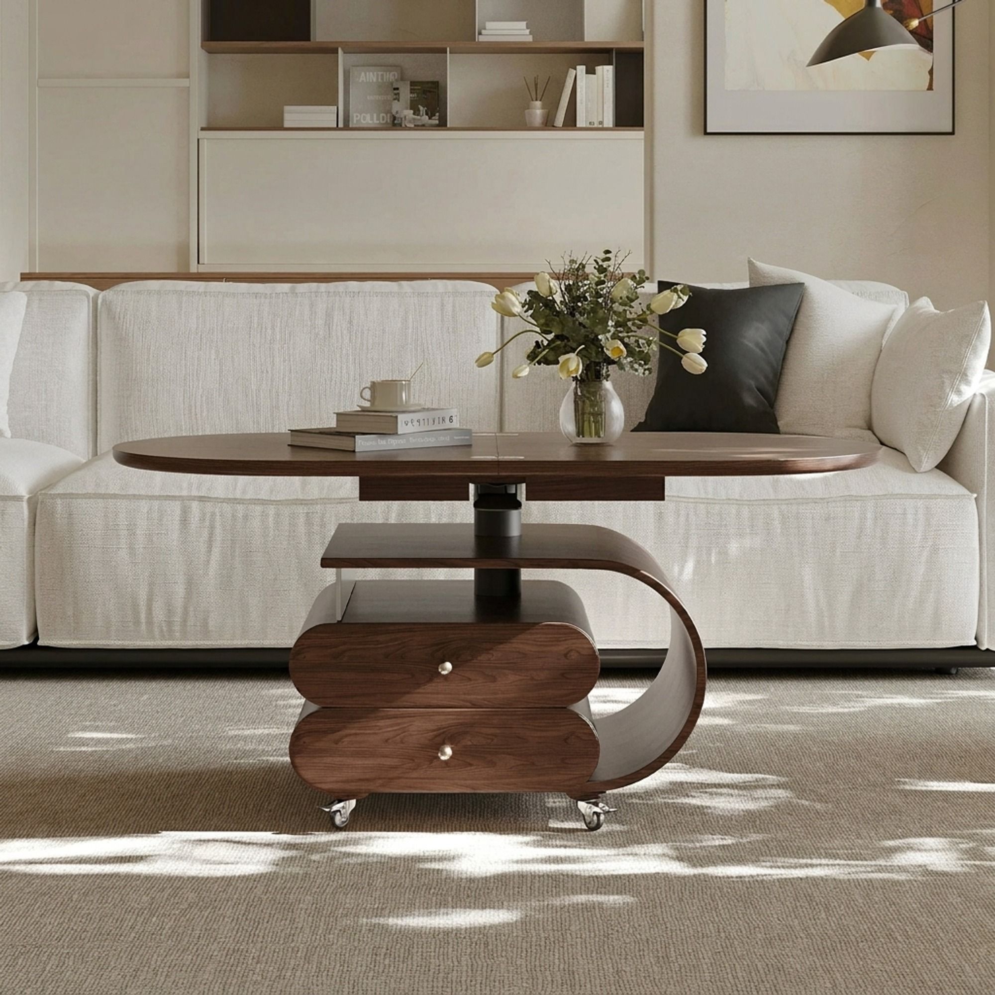 Oval Walnut Lift-Top Coffee Table