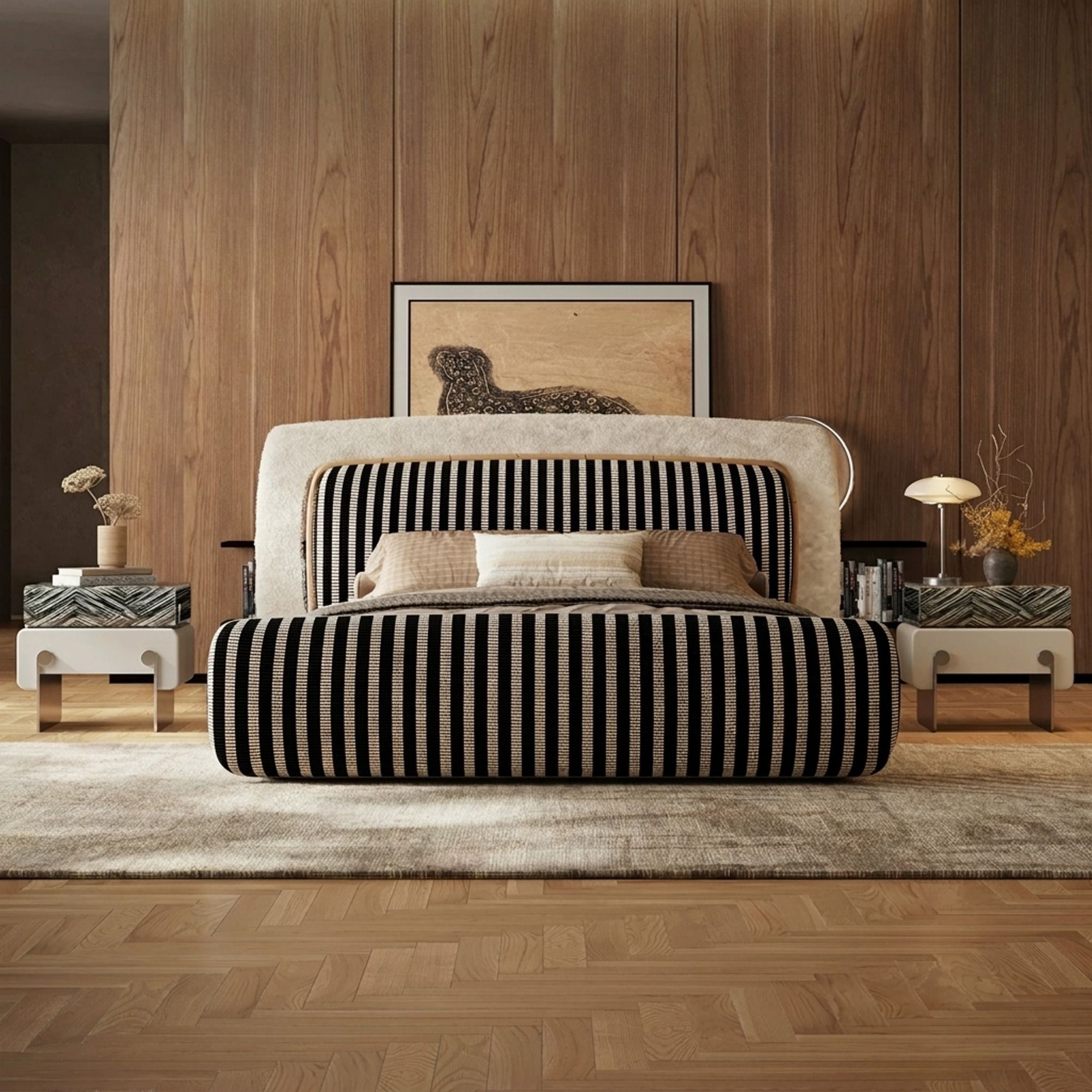 Striped Fabric Upholstered Bed