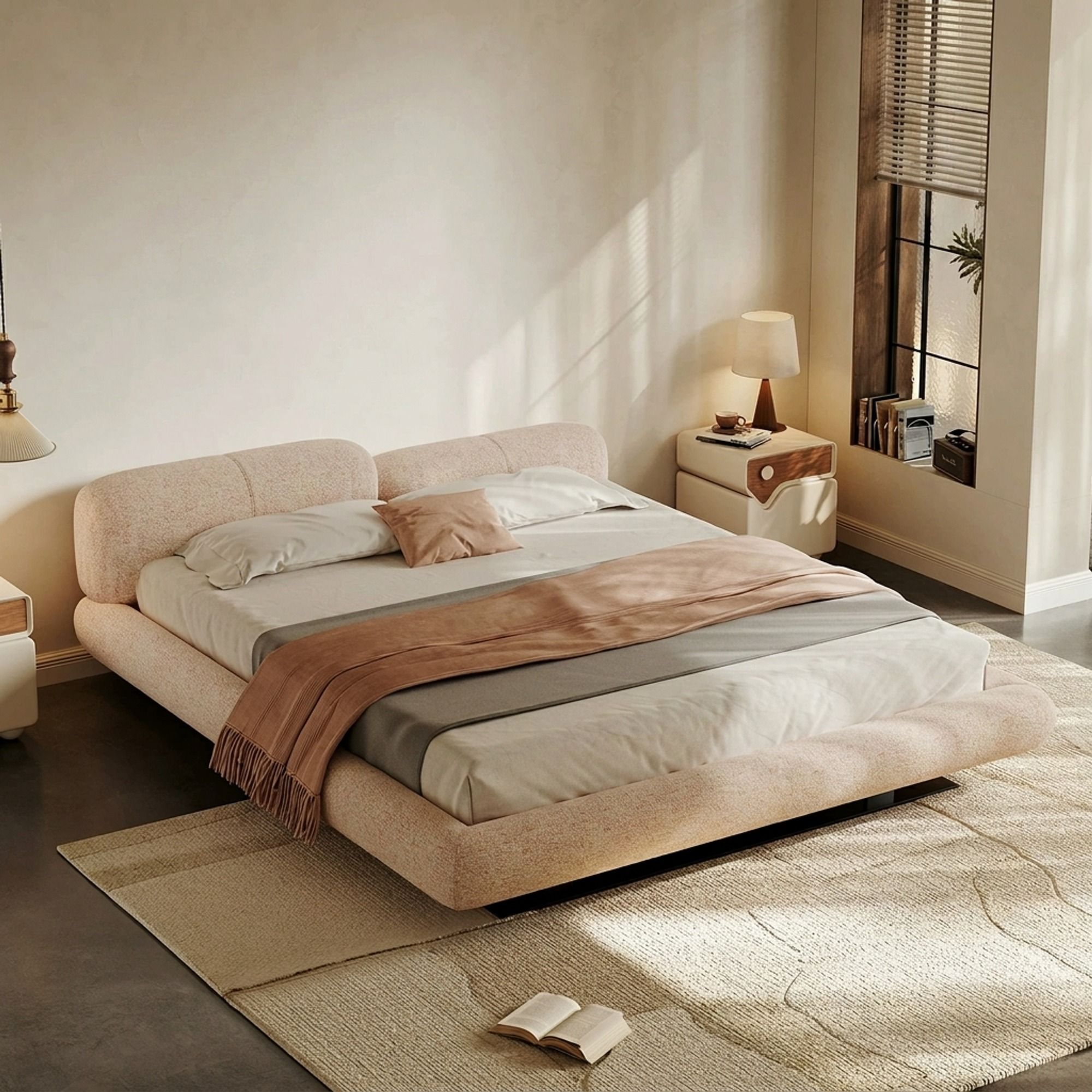 Cream Fabric Platform Bed