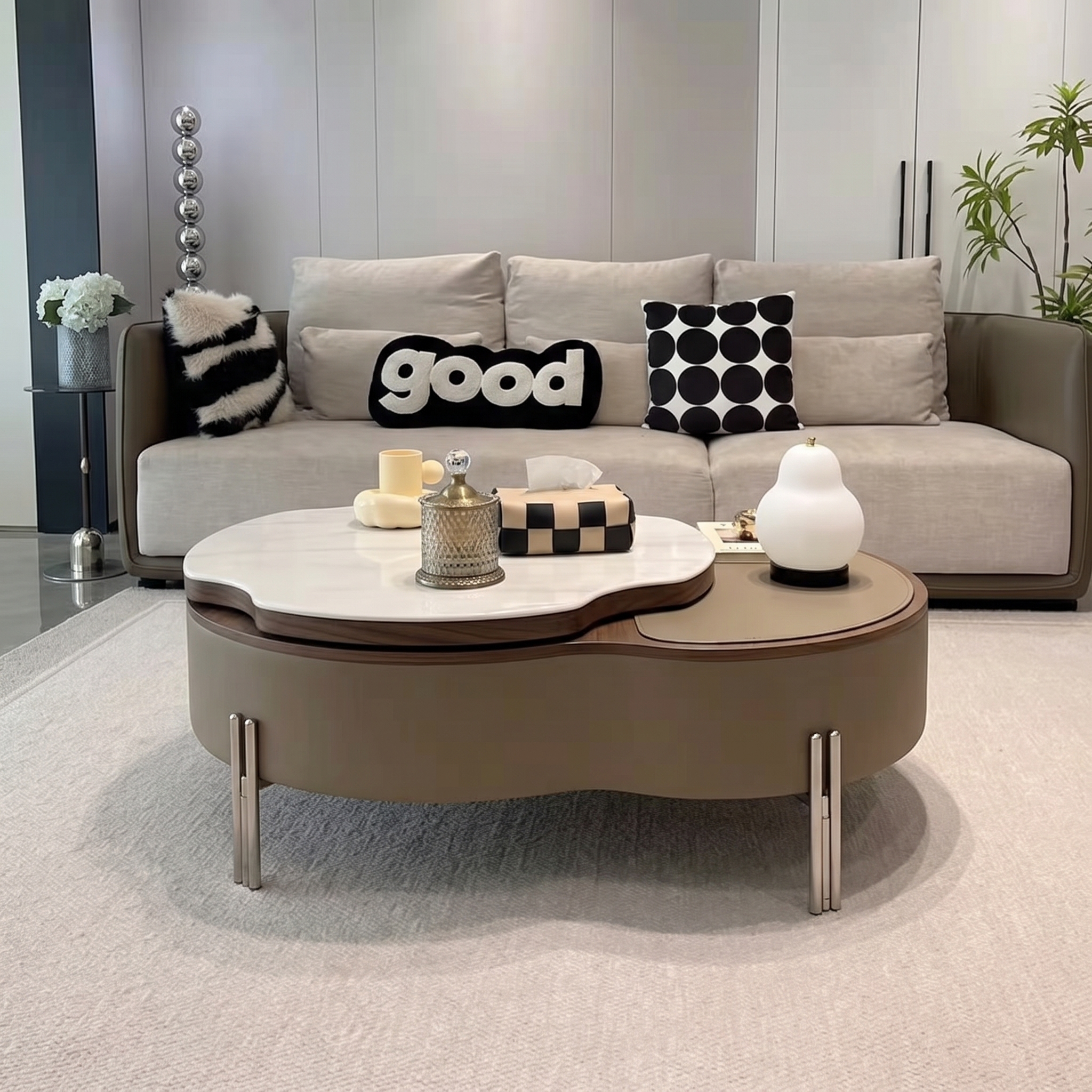 Khaki Faux Leather Lift-Top Coffee Table