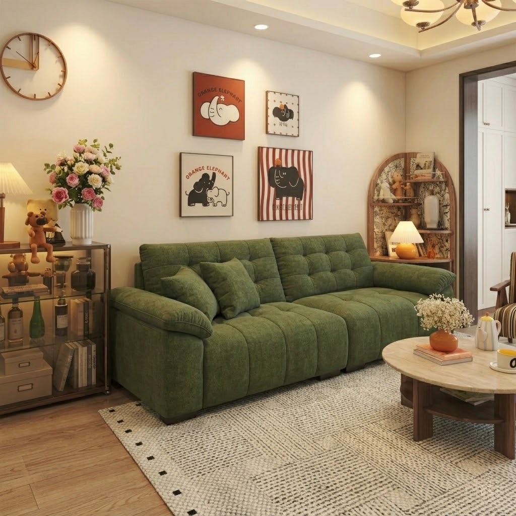 Linear Chenille Sofa with Elephant Arms