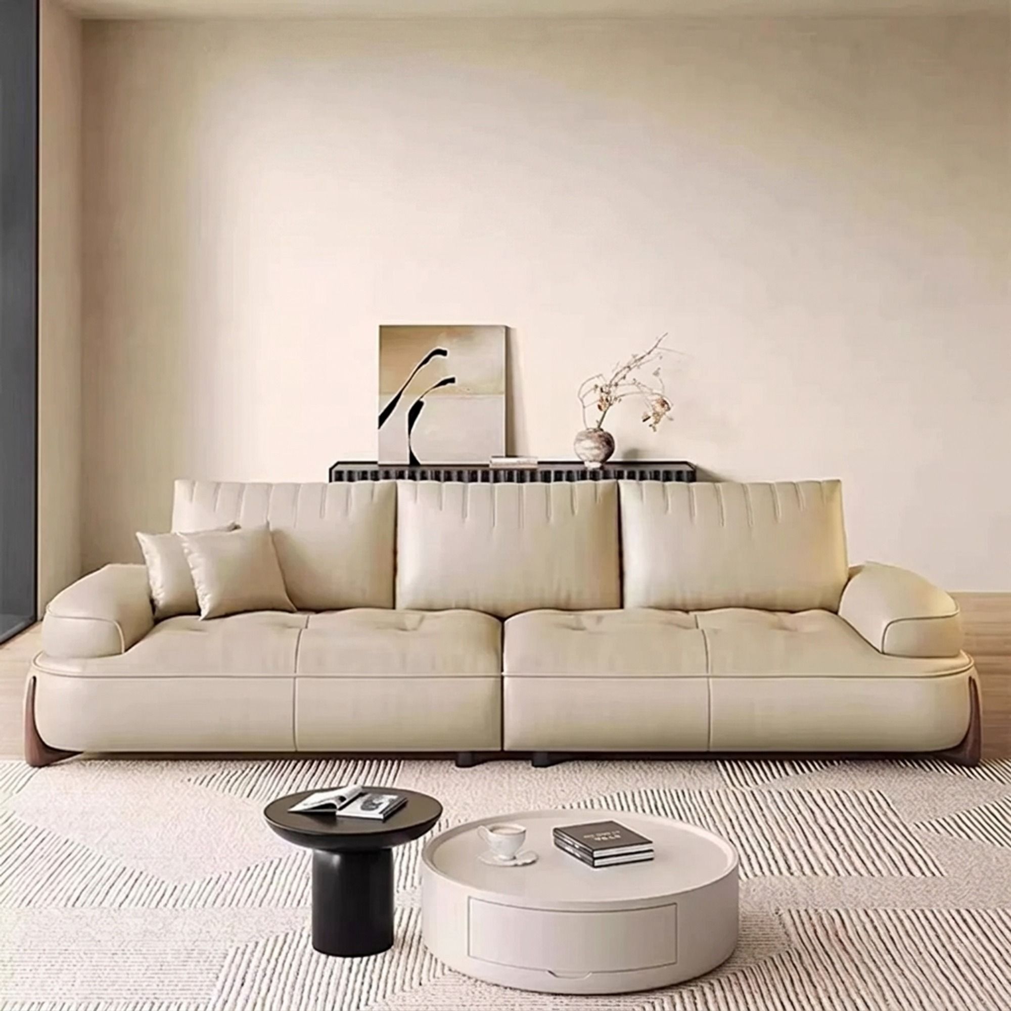 Straight Line Creamy Leather Sofa
