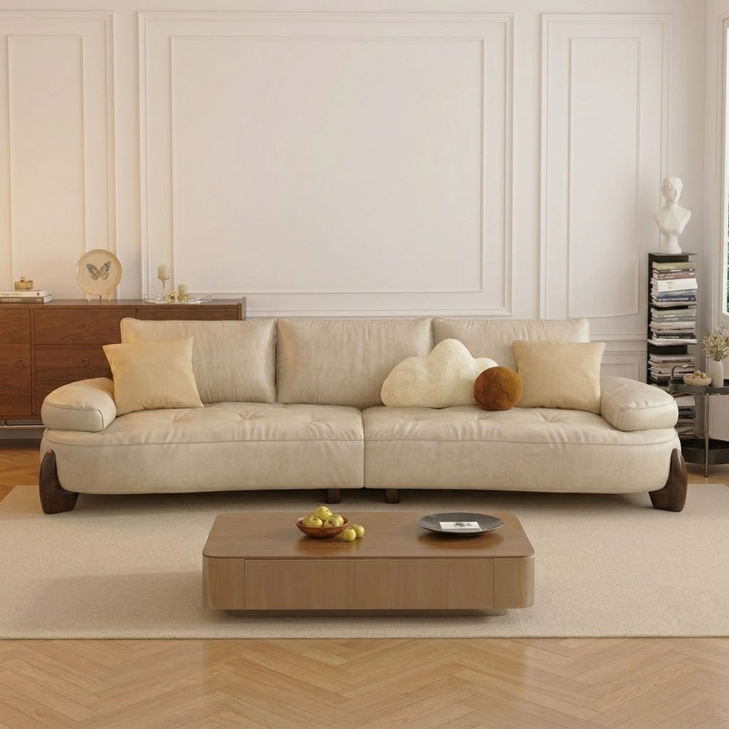 Creamy Curved Leather Sofa