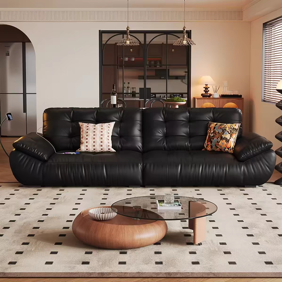 Black Curved Leather Cloud Sofa