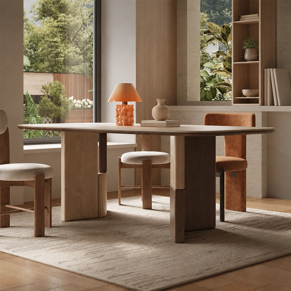 Travertine & Wood Dining Table
