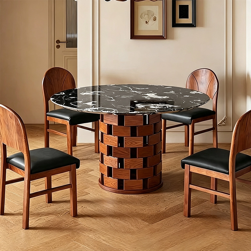 Black Marble & Wood Round Dining Table