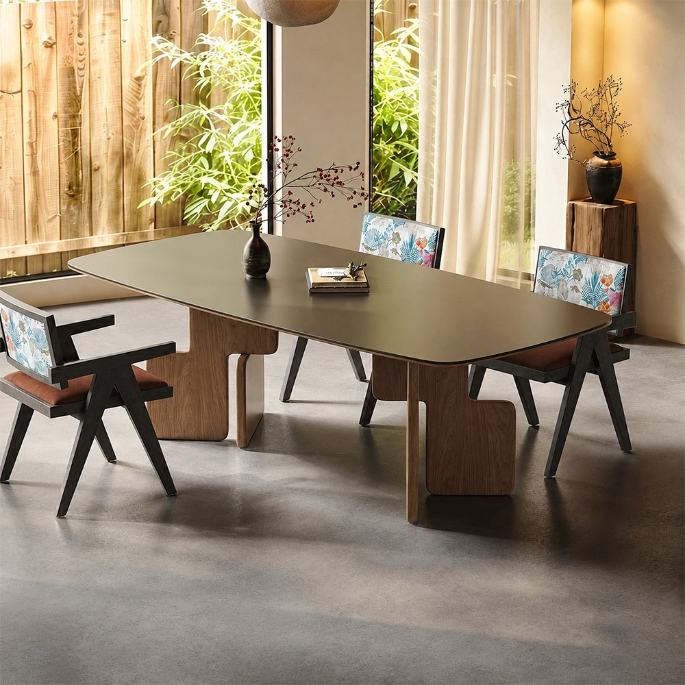 Mid-Century Wood & Stone Dining Table