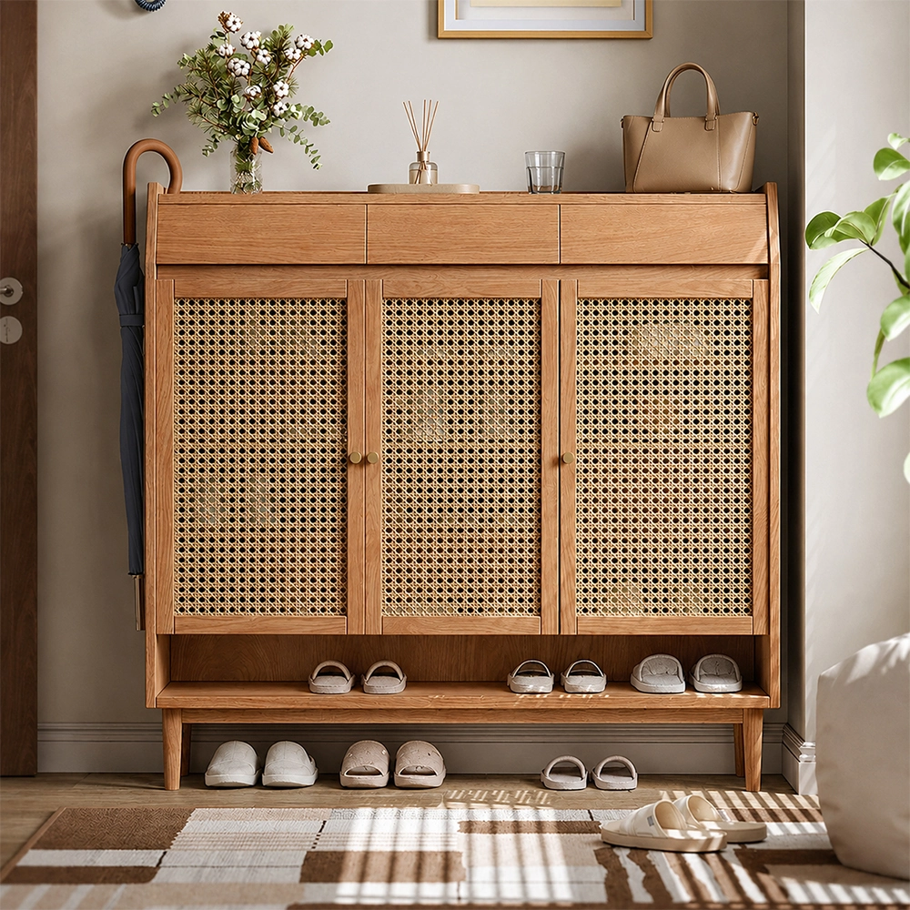 Solid Oak Rattan Shoe Cabinet