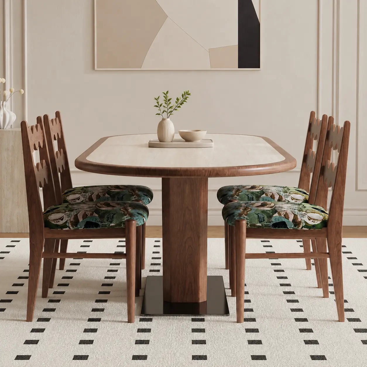 55.1" Organic Modern Sintered Stone and Solid Wood Oval Dining Table
