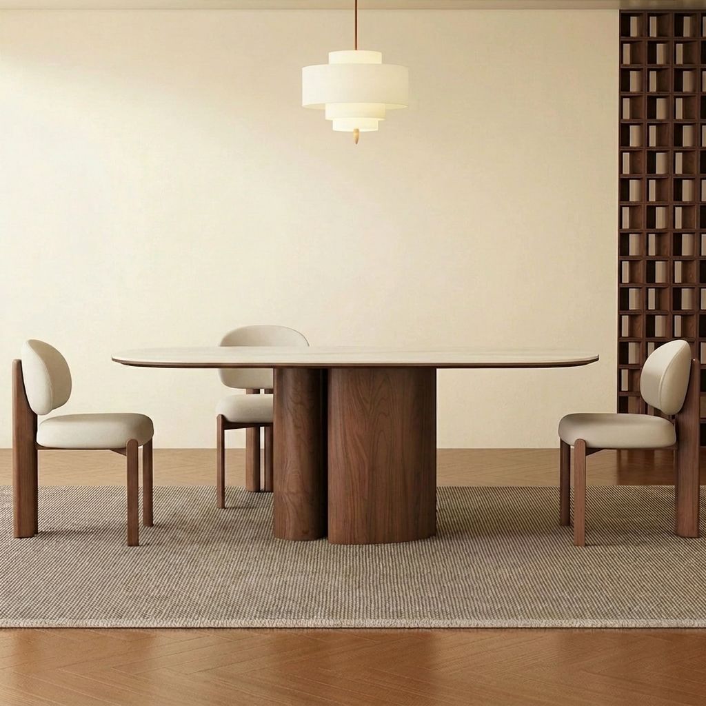 55.1" Japandi Sintered Stone and Ash Wood Oval Dining Table