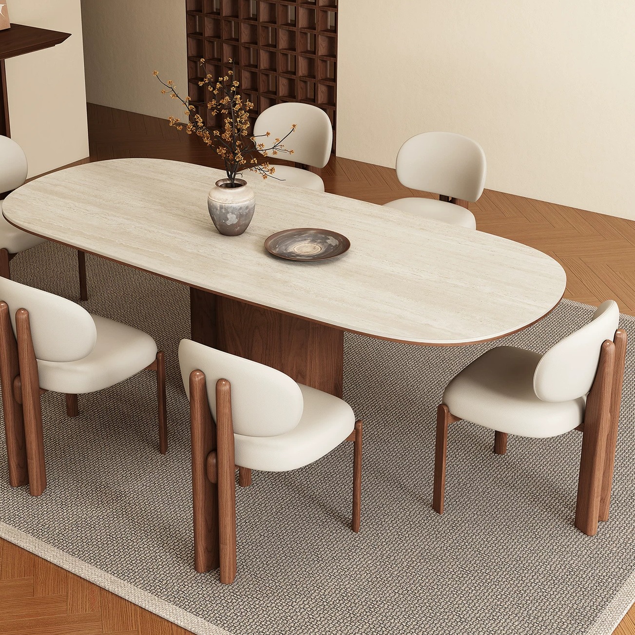 55.1" Japandi Sintered Stone and Ash Wood Oval Dining Table