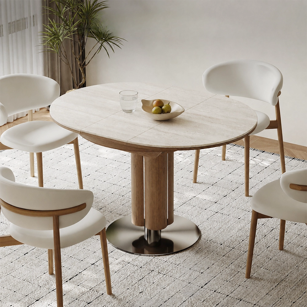 Vintage Sintered Stone & Wood Folding Dining Table, Convertible Round
