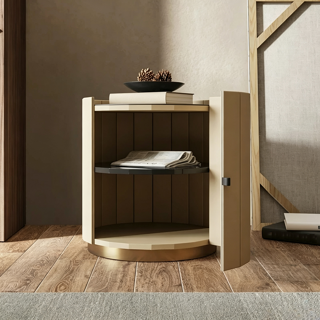 16.5" Organic Modern Solid Wood and Leather Nightstand with Fluted Design