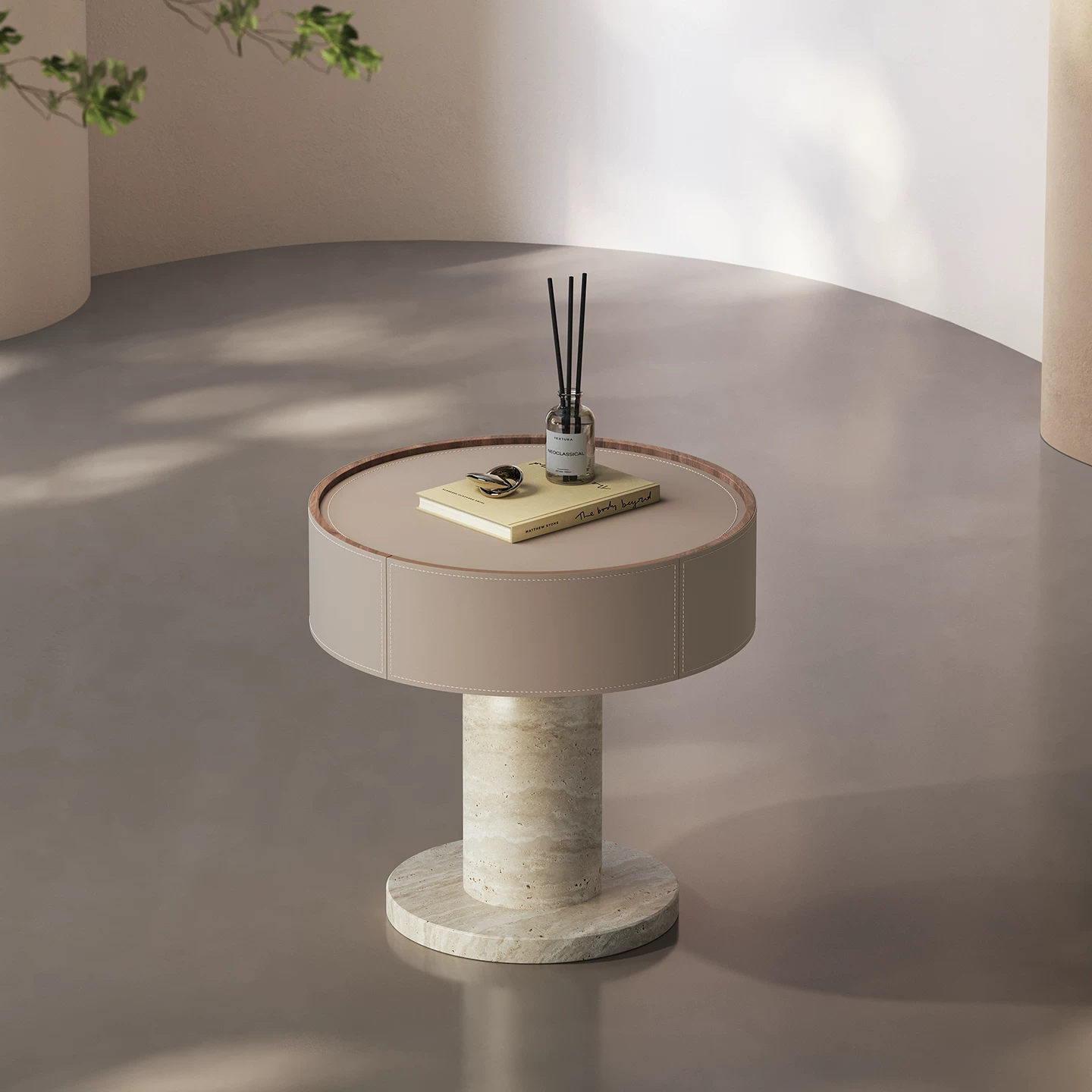 18.9" Organic Modern Travertine and Saddle Leather Nightstand with Round Design