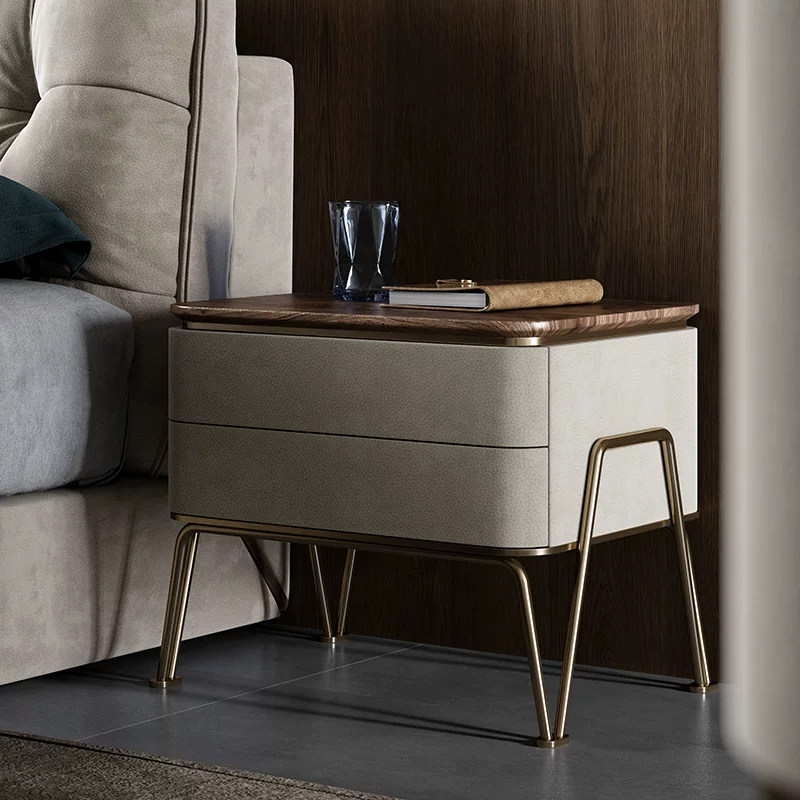 18.9" Luxury Solid Wood and Leather Nightstand with Drawers