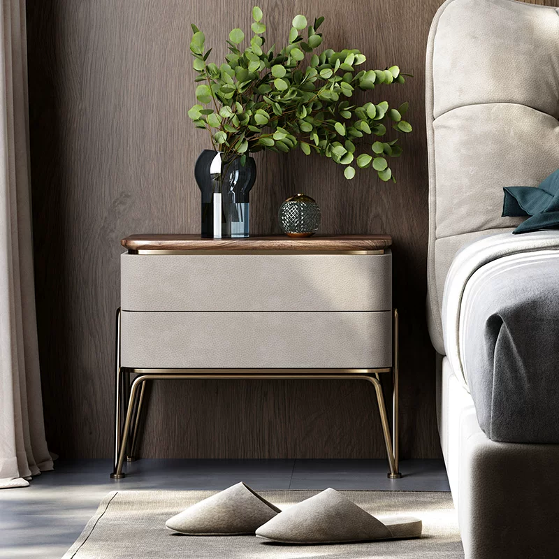 18.9" Luxury Solid Wood and Leather Nightstand with Drawers