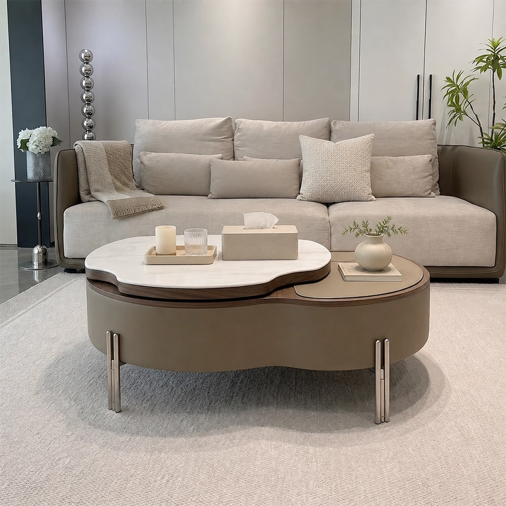 Khaki Faux Leather Lift-Top Coffee Table